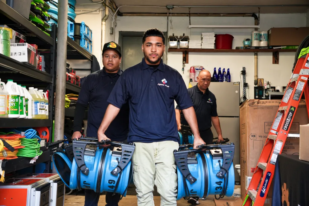 The Jigsaw PMR team with drying fans ready to help properties in Cresskill with water damage cleanup