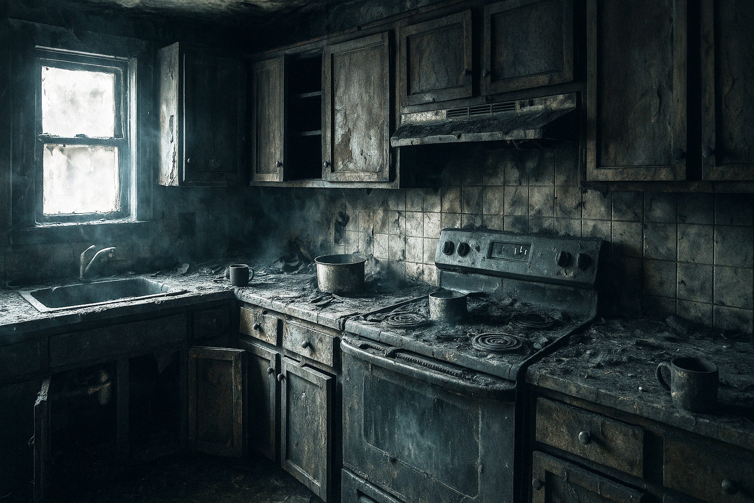 a kitchen with severe fire damage in closter nj