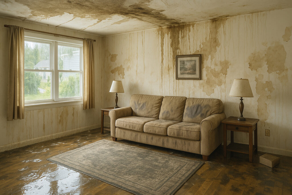 a living room in allendale nj with severe water damage
