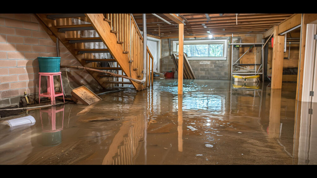 A flooded basement from a burst pipe in old tappan nj